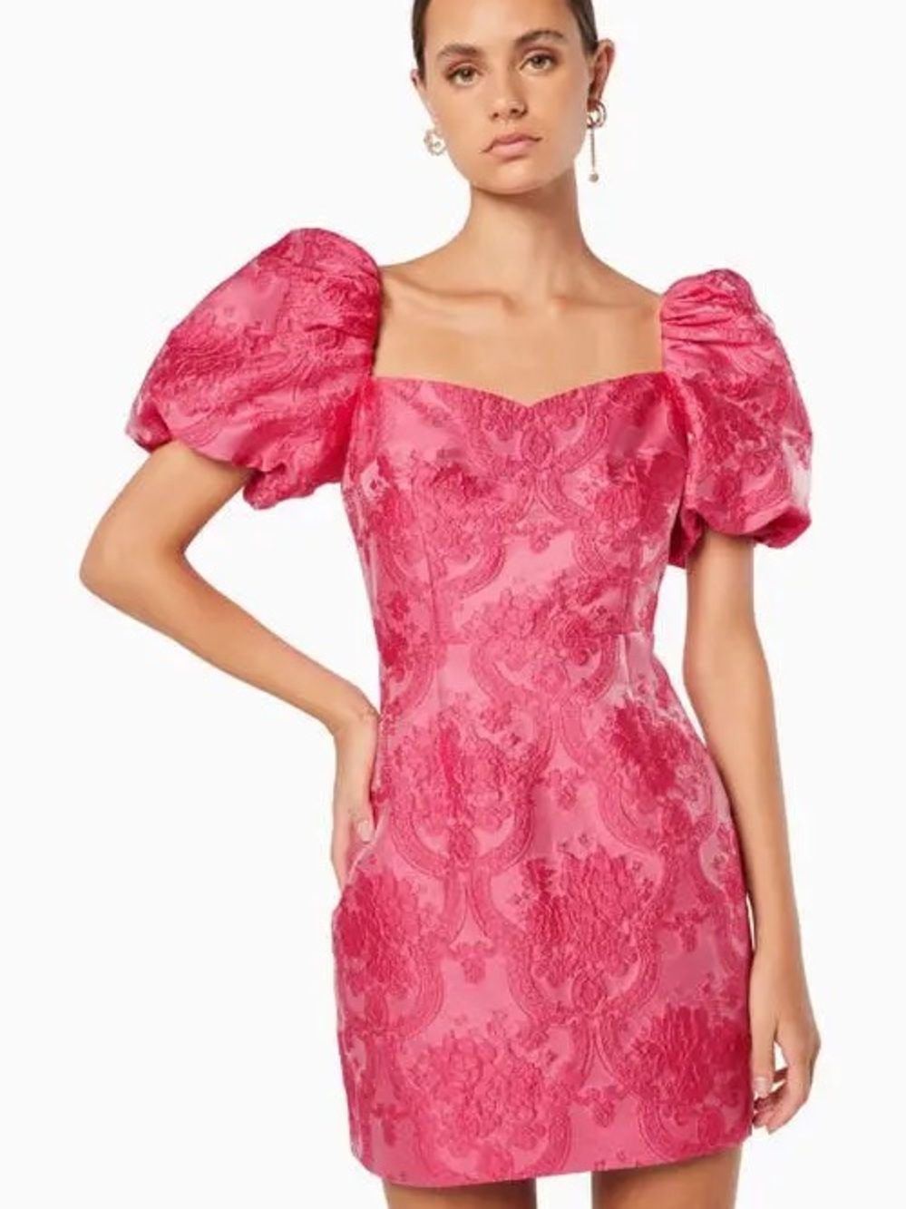 Elliatt Pink Puff-Sleeve Jacquard Mini Dress